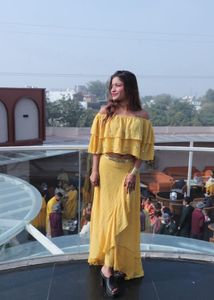 Vibrant Yellow Off-Shoulder Crop Top &amp; Skirt Set