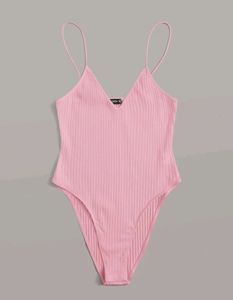 SHEIN Pink Solid Rib-Knit Cami Bodysuit