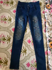 Blue Embroidered Skinny Jeans