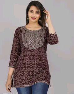 Maroon Printed Kurta with Embellished Neckline