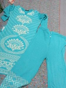 Winter Teal Kurta Set with White Print