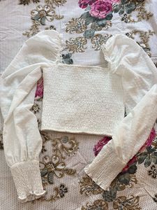 BERSHKA White Smocked Blouse with Puff Sleeves