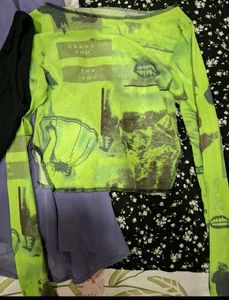 Green Graphic Mesh Long Sleeve Top