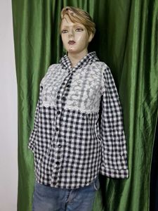 Black &amp; White Gingham Lace Hoodie Shirt