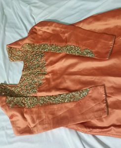 Coral Orange Zari Embroidered Motifs Kurta