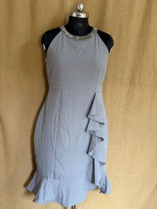 Grey Ruffle Dress with Embellished Neckline