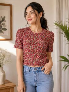 Floral Print Puff Sleeve Cropped Top