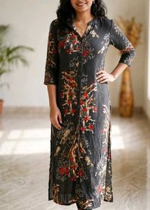 Black Floral Print Front-Button Long Kurta / Maxi