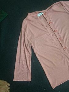Cute Pink Ribbed Button-Up Top