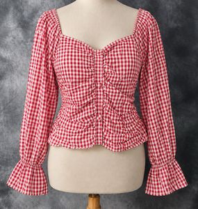 Red Gingham Ruched Button-Up Top