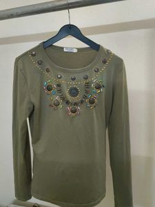 Green Embellished Long Sleeve Top
