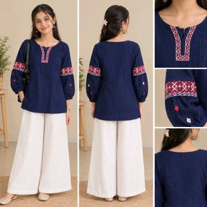 Embroidered Blue Cotton Kurta
