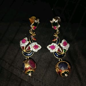 Peacock Golden Earrings Blue Red Green Gemstones