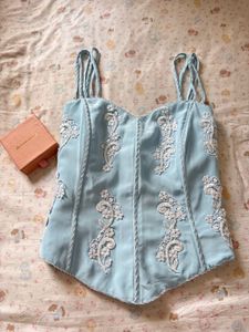 Sky Blue Corset Top with White Embroidery