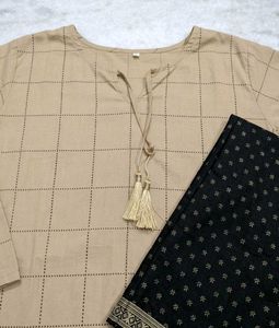 Beige Checkered Kurta with Black Pants Set