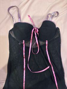 y2k Sheer Black Chemise with Pink Trim