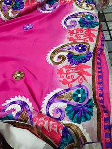 wool work Pink Embroidered Saree