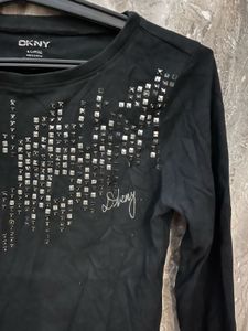 DKNY Black Long Sleeve Studded Top