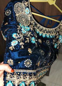 Embellished Navy Blue Velvet Blouse