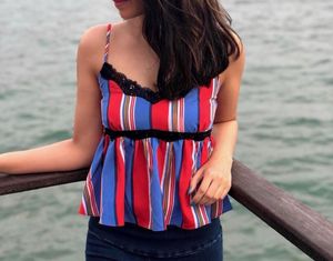 Striped Cami Top with Black Lace Trim