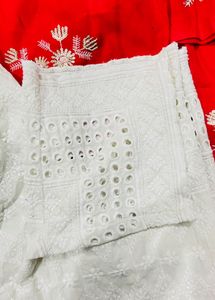Red &amp; White Chikankari Kurta Set