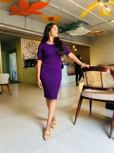Purple Ribbed Knit Sheath Dress