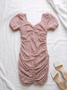 nude floral ruched mini dress