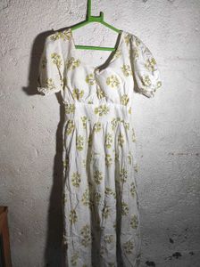 White Floral Puff Sleeve Midi Dress