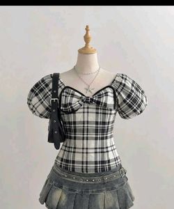Plaid Puff Sleeve Top with Bow Detail