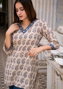White Kurta with Blue Paisley Print