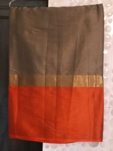 New Elegant Grey&amp;Orange LaceBorder CottonSilk Sar