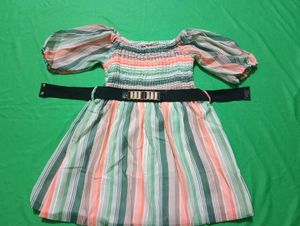 Striped Puff Sleeve Dress with Belt