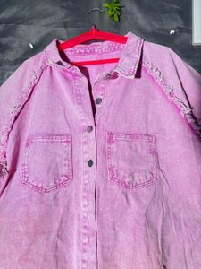 Frayed Hem Pink Denim Shirt