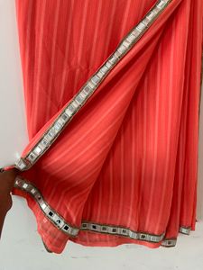 Orange Striped Saree with Mirror Work Border