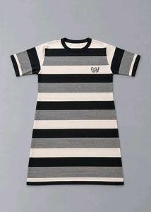 BLACK AND CREAM STRIPED T-SHIRT DRESS