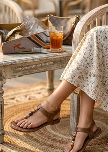 Brown Beaded Flat Sandals