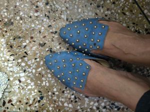 Studded Party Wear Blue Slip-On Flats In 39 Number