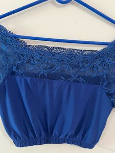Blue Lace Off-Shoulder Crop Top