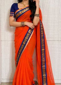 Vibrant Orange Saree with Blue Border