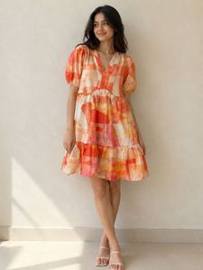 Vibrant Abstract Print Tiered Mini Dress