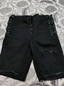 Black Lace-Up Distressed Denim Shorts