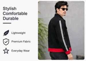 Men’s Black Denim Jacket with Red Accents