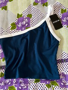 Navy Blue One Shoulder Crop Top