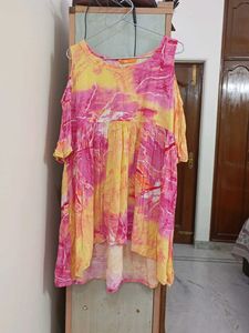 Vibrant Pink &amp; Yellow Cold Shoulder Kurta