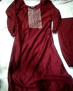 Maroon Kurta Set with Embellished Neckline