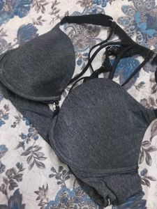 Gray Push-Up Bra with Lace Detail