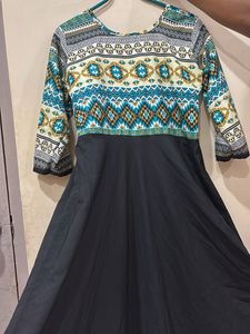 Ethnic Printed Anarkali Dress – Black with Turquoi