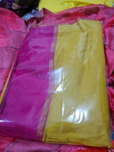 Vibrant Yellow Silk Saree with Pink Border