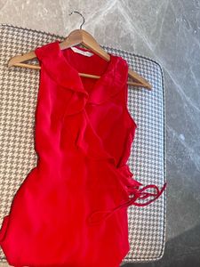 Chic Red Ruffle Wrap Top
