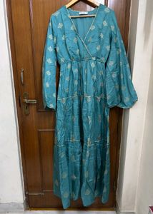 Teal Ethnic Gown/Dress with Gold Print